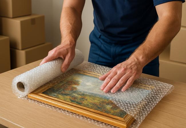 Fine art movers carefully handling artwork during transportation in Malaysia